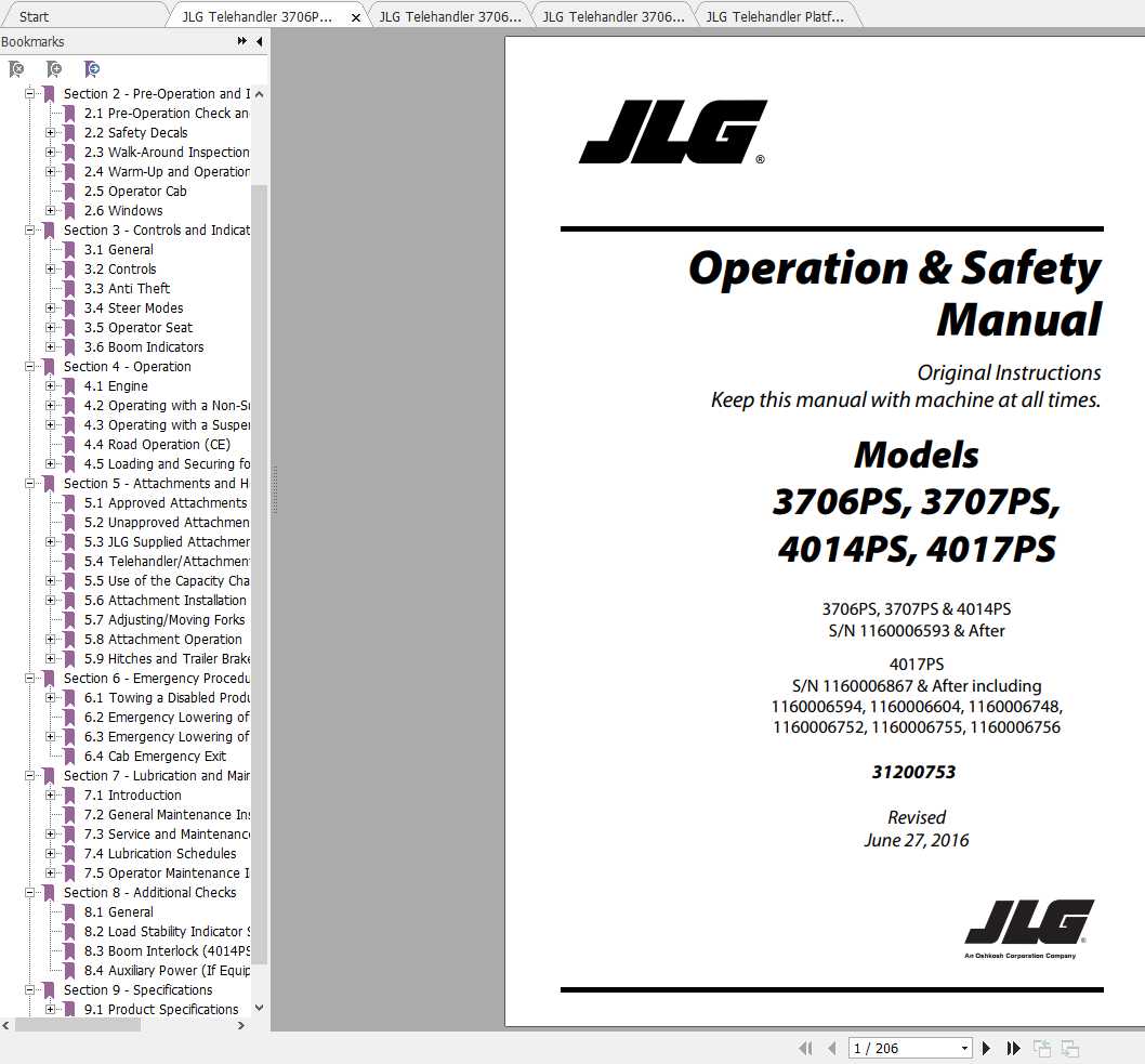 JLG Telehandler 3706PS3707PS4014PS4017PS Operation Service Parts Manuals 1