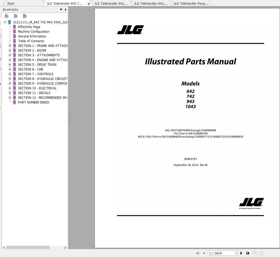 JLG Telehandler 642 742 943 1043 Operation Service Parts Manuals 1