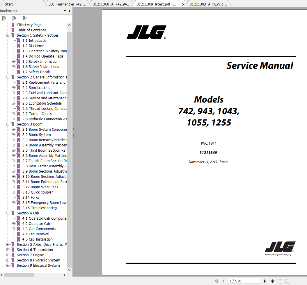 JLG Telehandler 742 PVC 1911 Operation Service Parts Manuals 1