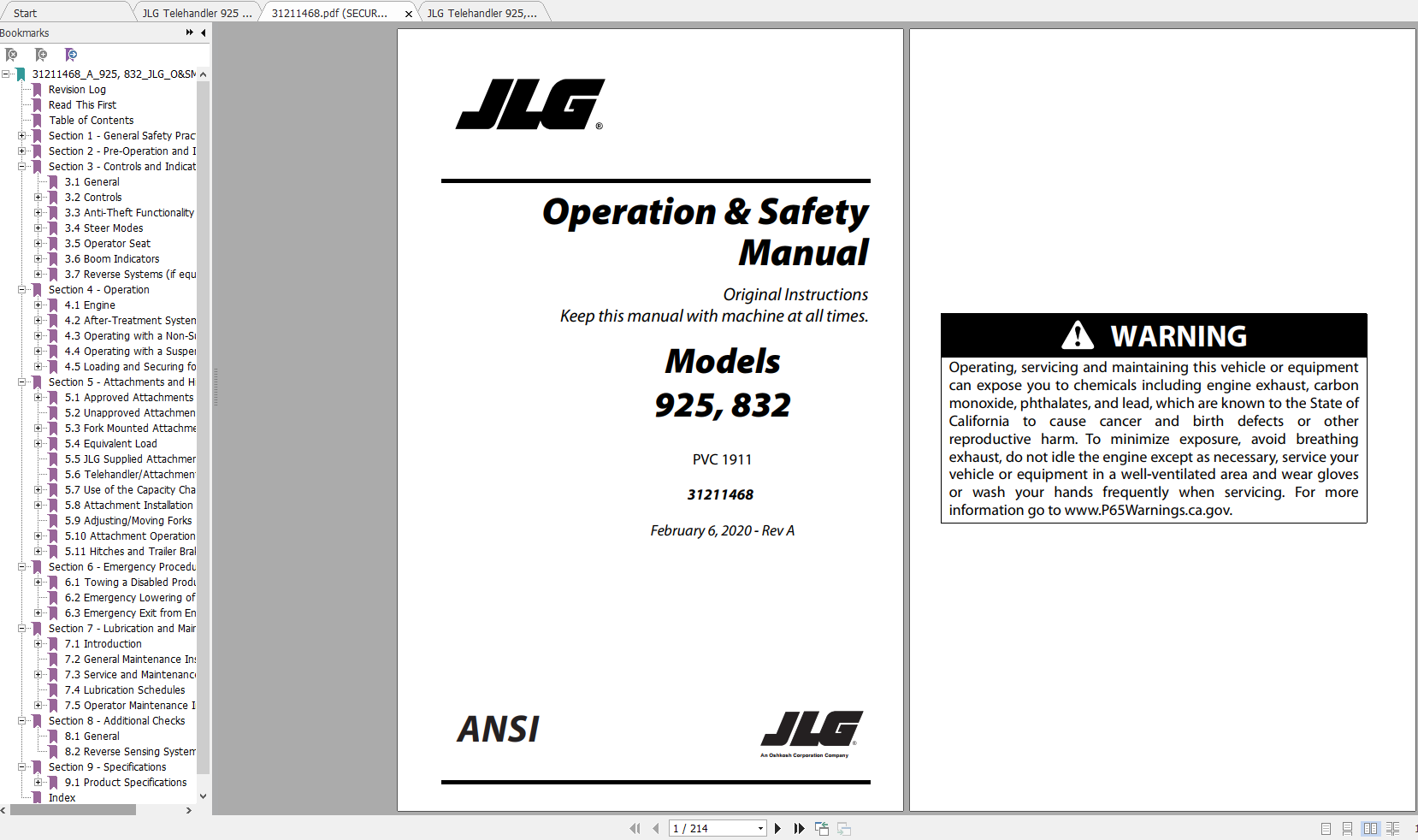 JLG Telehandler 925 832 PVC 1911 Operation Service Parts Manuals 1