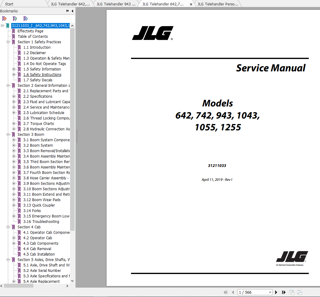 JLG Telehandler 943 Operation Service Parts Manuals 1