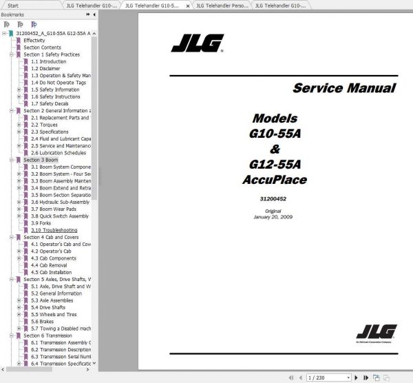 JLG Telehandler G10 55A G12 55A AccuPlace Operation Service Parts Manuals 1