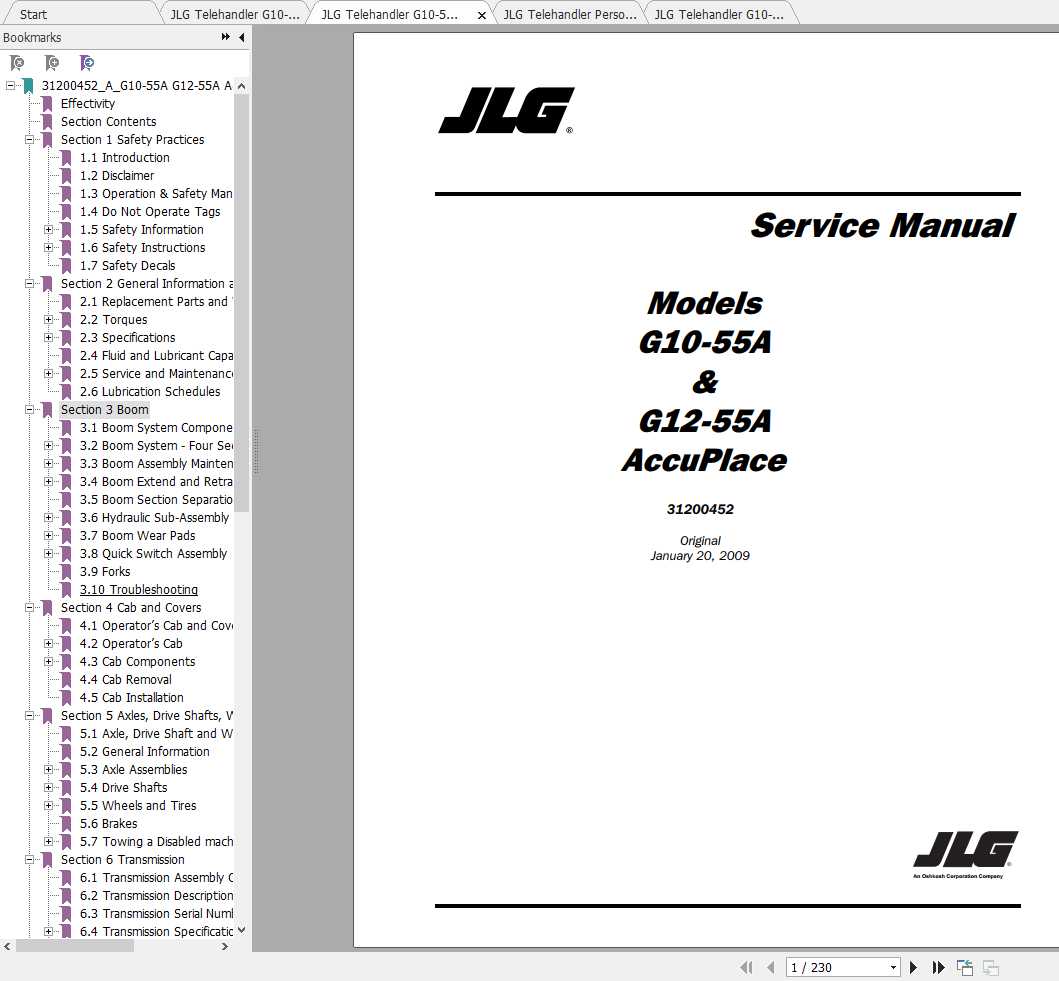 JLG Telehandler G10 55A G12 55A AccuPlace Operation Service Parts Manuals 1