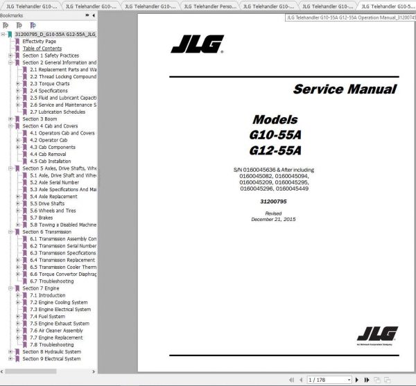 JLG Telehandler G10 55A G12 55A Operation Service Parts Manuals 1