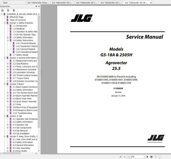 JLG Telehandler G5 18A 2505H Operation Service Parts Manuals 1