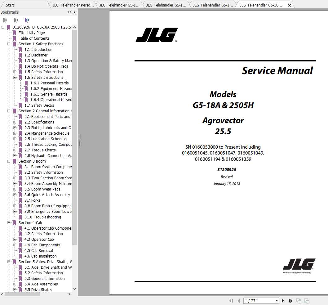 JLG Telehandler G5 18A 2505H Operation Service Parts Manuals 1