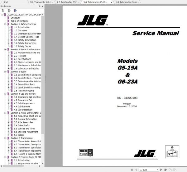 JLG Telehandler G5 19A G6 23A Operation Service Parts Manuals 1