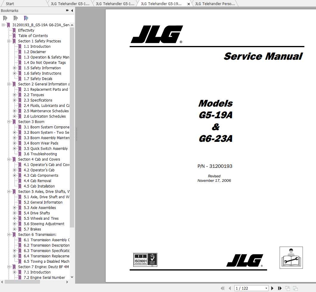 JLG Telehandler G5 19A G6 23A Operation Service Parts Manuals 1