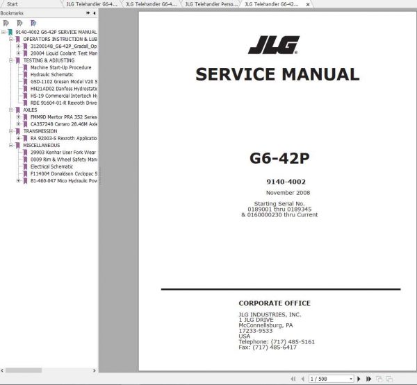 JLG Telehandler G6 42P Operation Service Parts Manuals 1