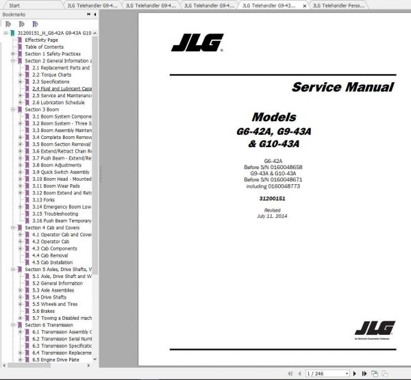 JLG Telehandler G9 43A G10 43A Operation Service Parts Manuals 1