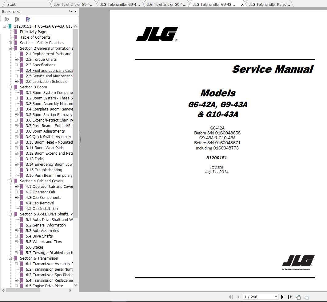JLG Telehandler G9 43A G10 43A Operation Service Parts Manuals 1