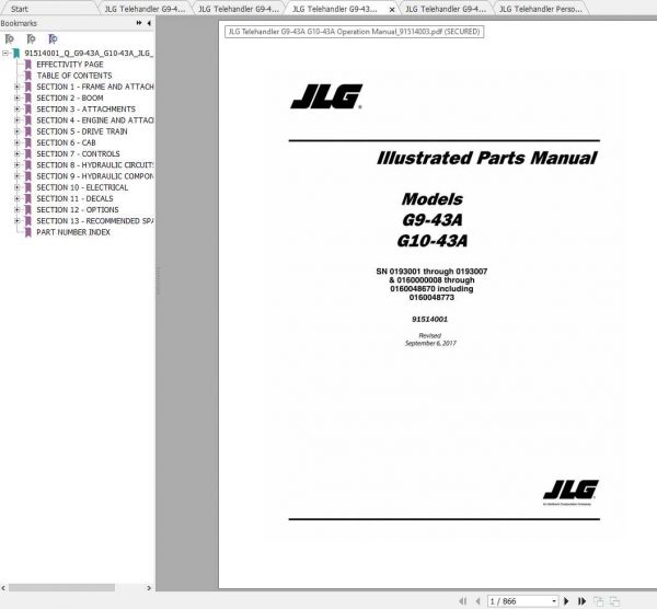 JLG Telehandler G9 43A G10 43A Operation Service Parts Manuals 2