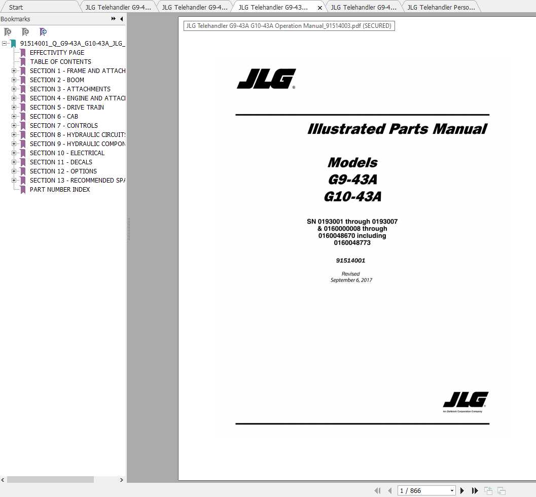 JLG Telehandler G943A G1043A Operation, Service & Parts Manuals