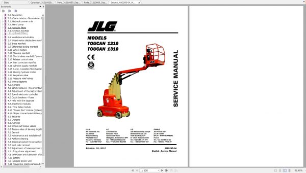 JLG Toucan 1210 1310 Mast Lift Operators Service Parts Manuals 3