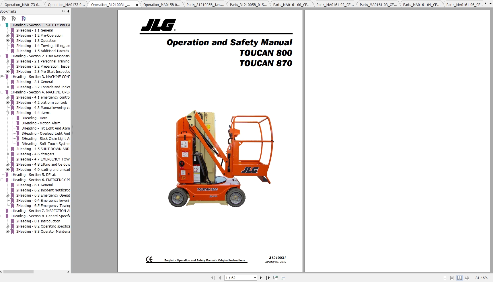 JLG Toucan 800A 870 Mast Lift Operators Service Parts Manuals 1