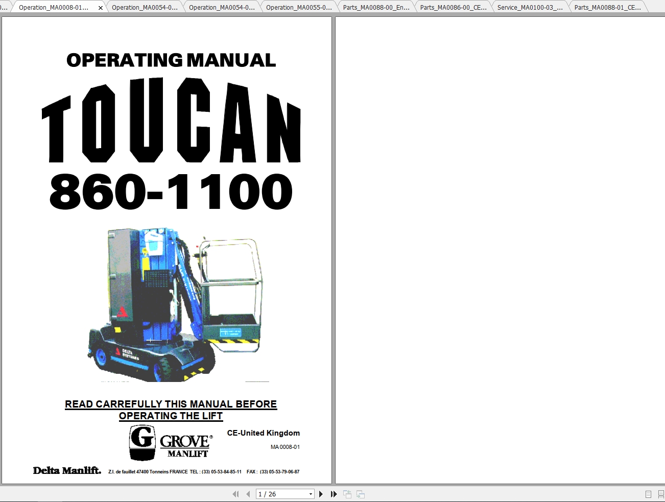 JLG Toucan 860 1100 Mast Lift Operators Service Parts Manuals 1