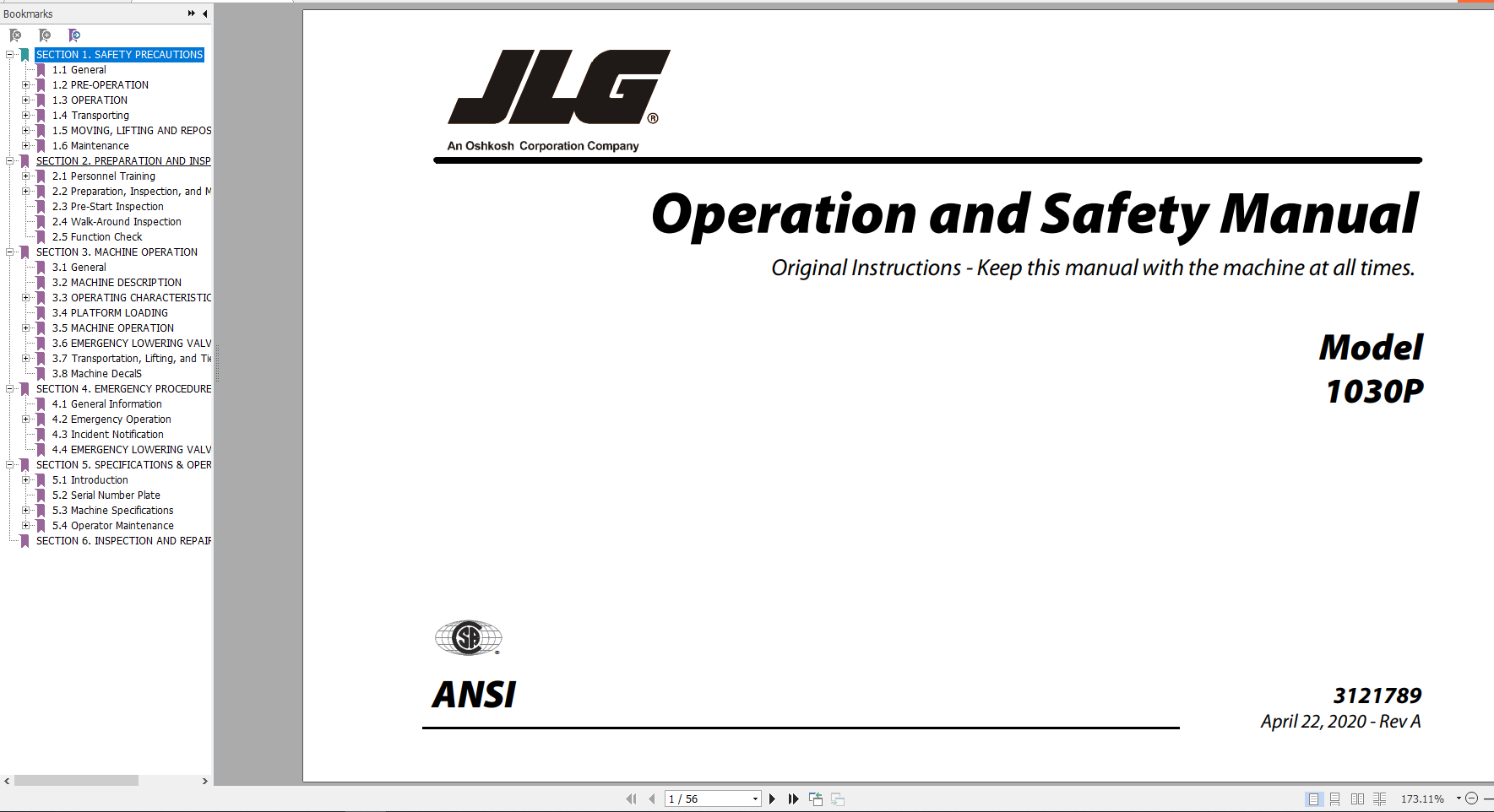 JLG Vertical Mast Lift 1030P Operation Safety Manual3121789 1