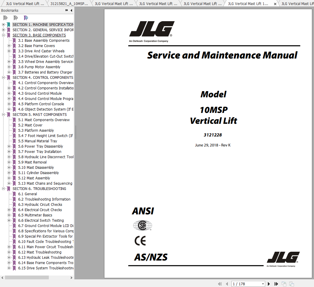 JLG Vertical Mast Lift 10MSP Operation Service Parts Manuals 1