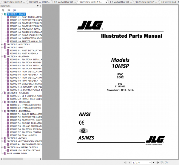 JLG Vertical Mast Lift 10MSP Operation Service Parts Manuals 3