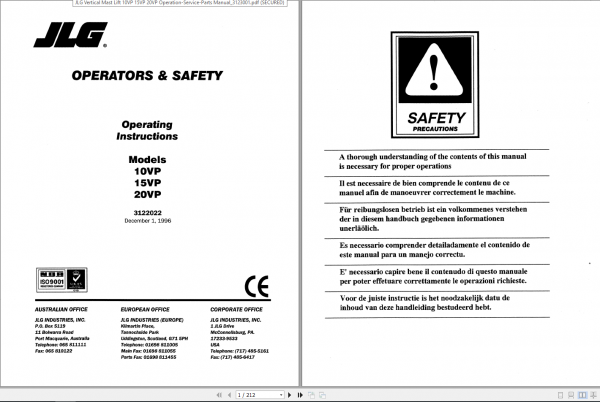 JLG Vertical Mast Lift 10VP 15VP 20VP 1996 Operation Service Parts Manuals 1
