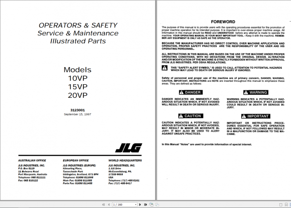 JLG Vertical Mast Lift 10VP 15VP 20VP 1996 Operation Service Parts Manuals 2