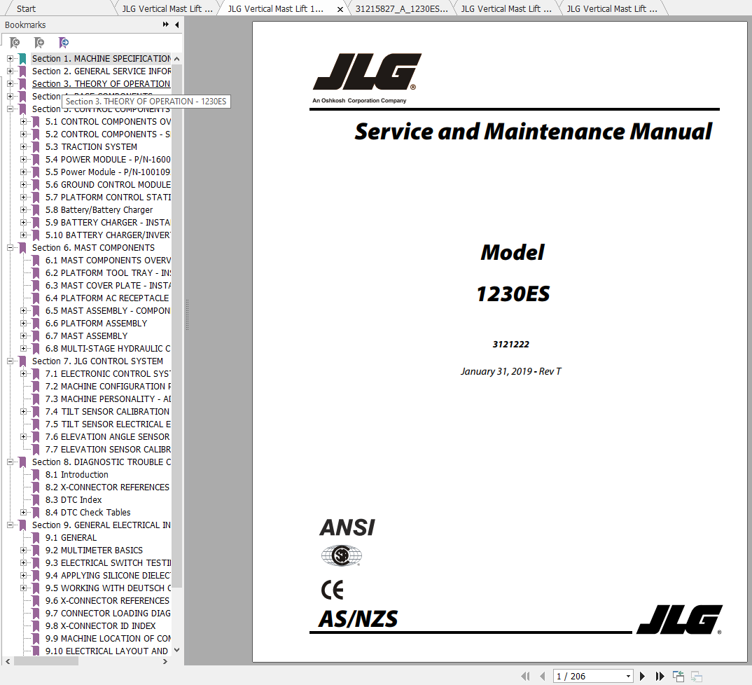 JLG Vertical Mast Lift 1230ES Operation Service Parts Manuals 2
