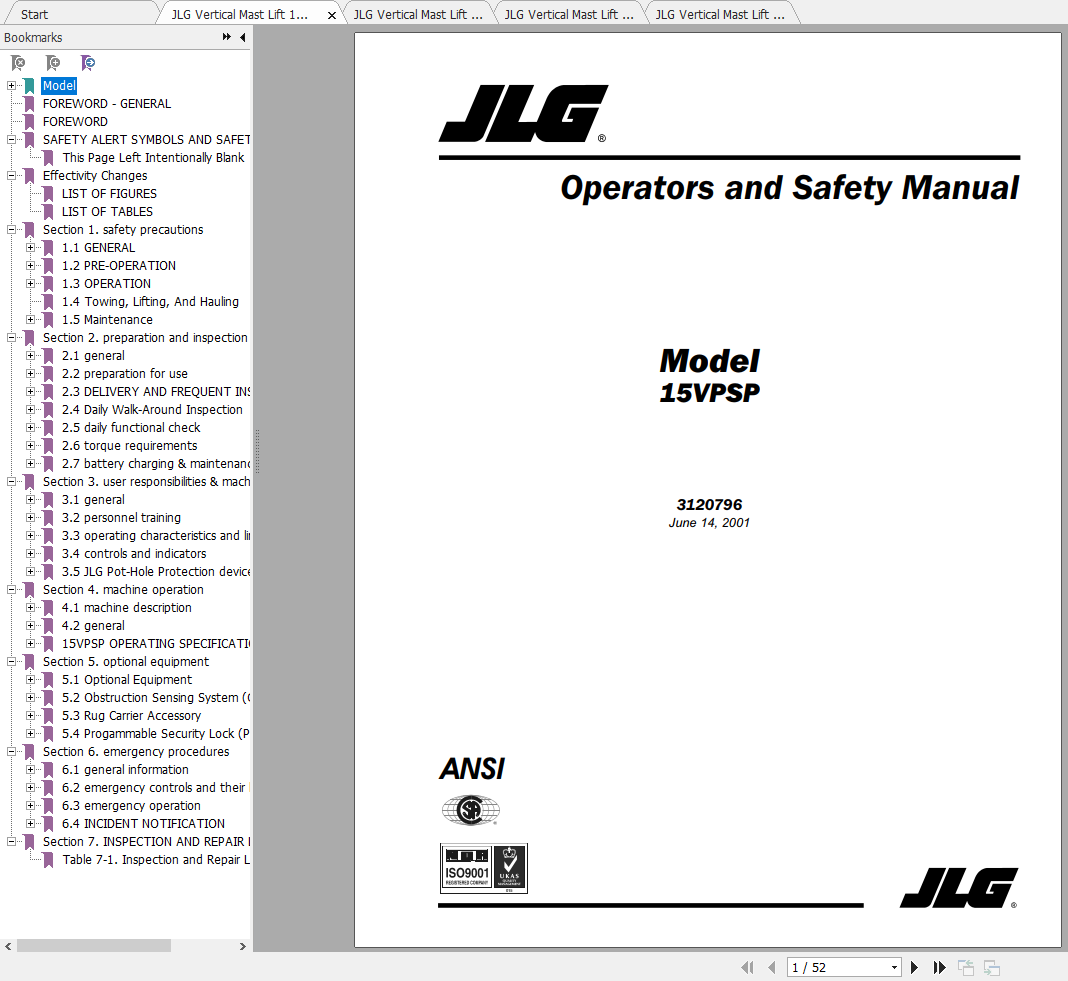 JLG Vertical Mast Lift 15VPSP Operation Service Parts Manuals 1