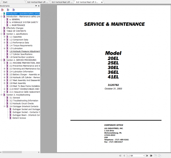 JLG Vertical Mast Lift 20 25 30 36 41EL Operation Service Parts Manuals 1
