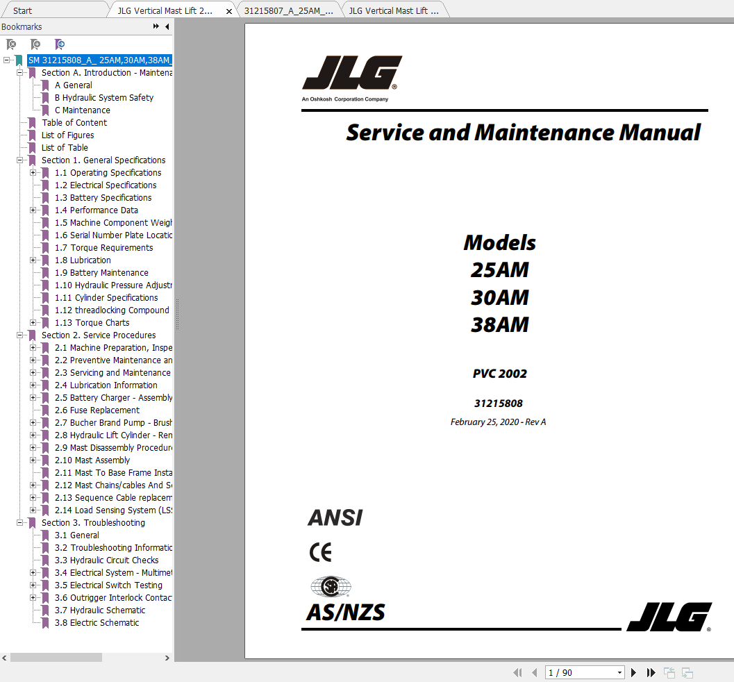JLG Vertical Mast Lift 25AM 30AM 38AM Operation Service Parts Manuals 1
