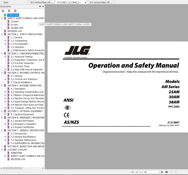 JLG Vertical Mast Lift 25AM 30AM 38AM Operation Service Parts Manuals 2