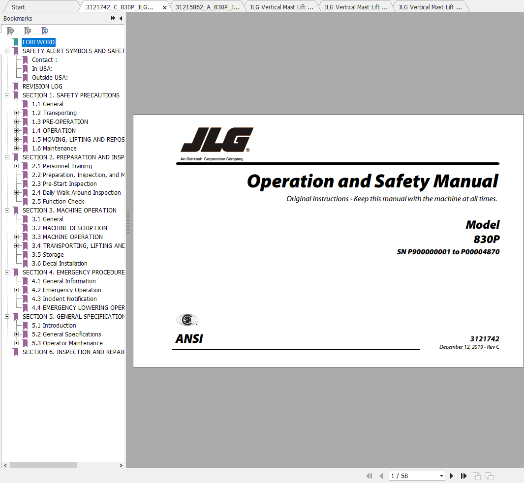 JLG Vertical Mast Lift 830P Operation Service Parts Manuals 1