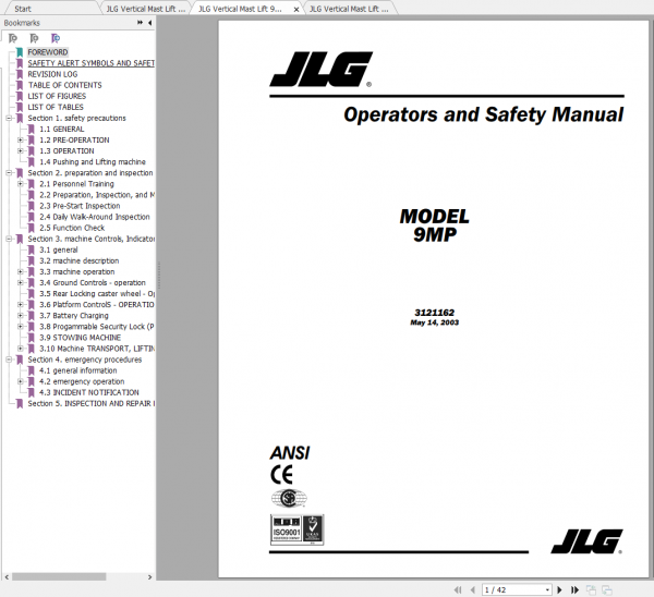 JLG Vertical Mast Lift 9MP Operators Service Parts Manuals 1