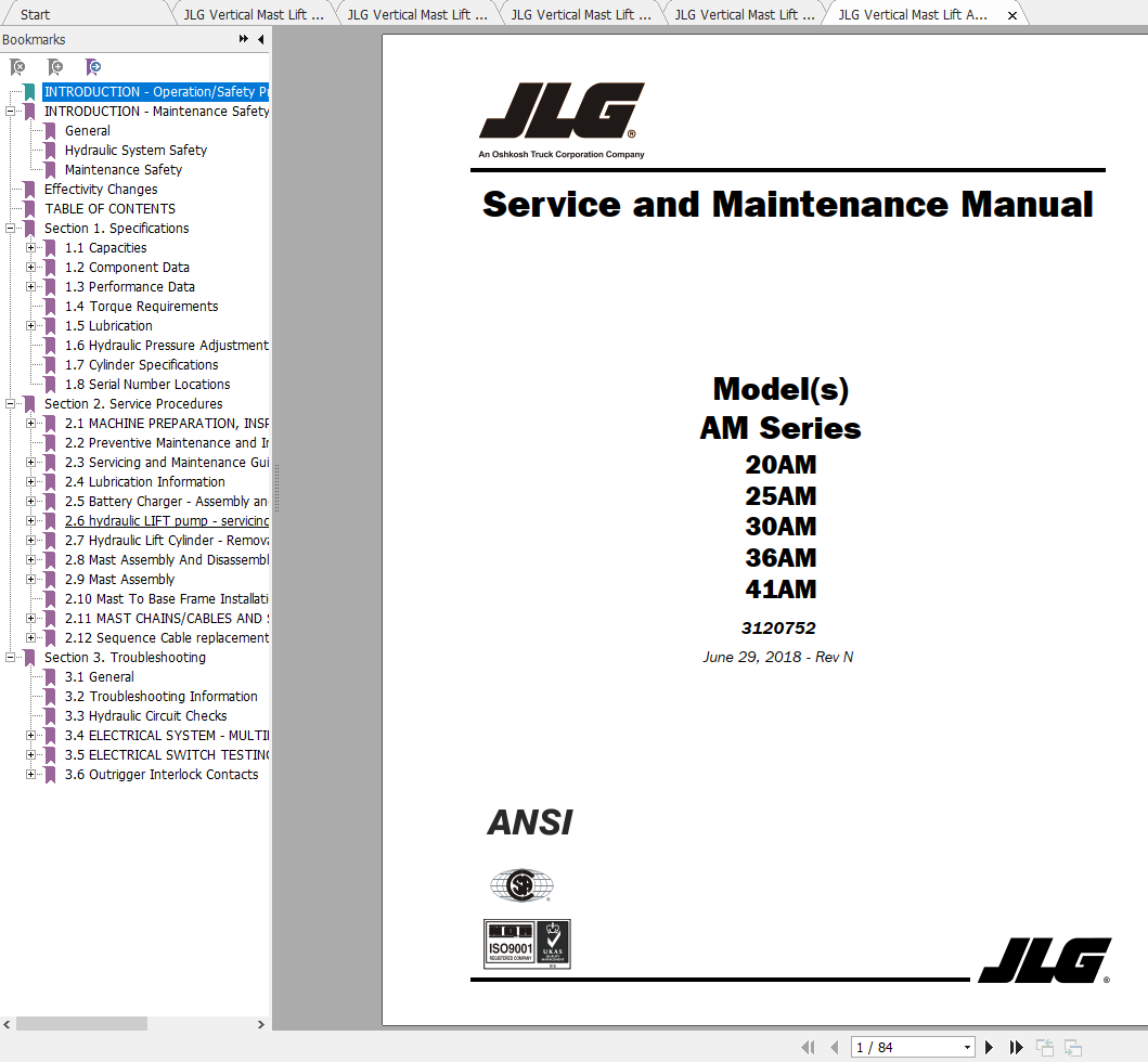 JLG Vertical Mast Lift AM Series Operation Service Parts Manuals 1