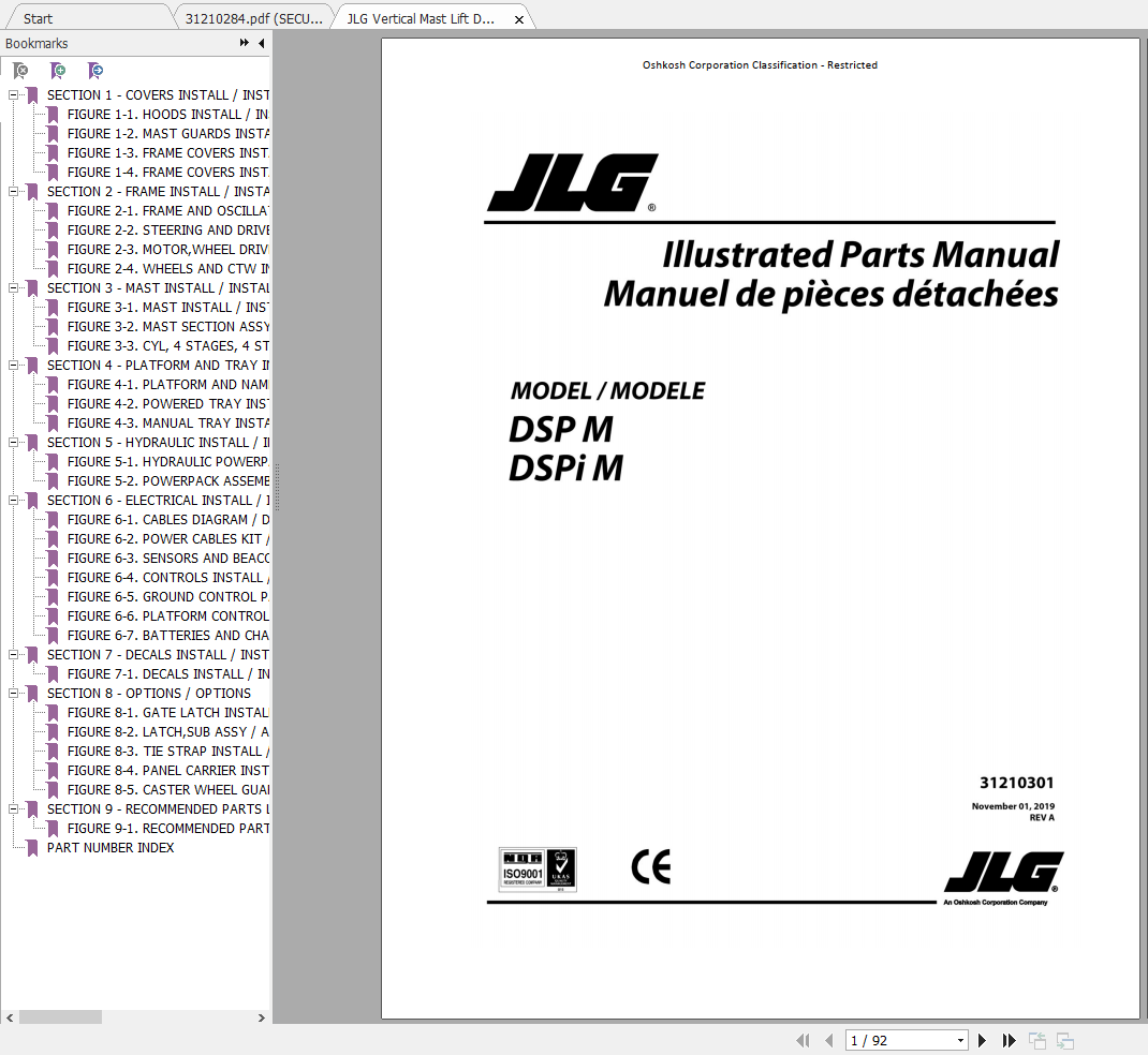 JLG Vertical Mast Lift DSP Series Operation Parts Manuals 1