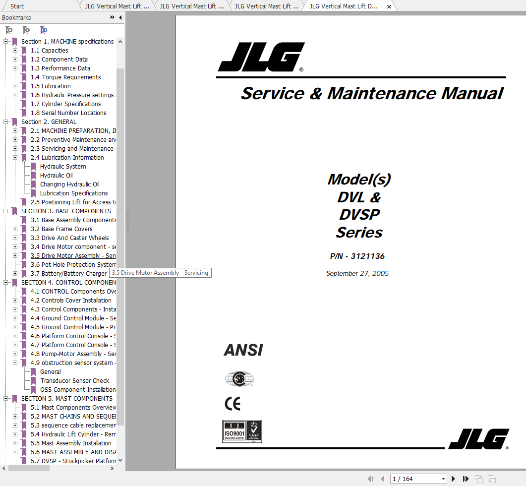 JLG Vertical Mast Lift DVL DVSP Operation Service Parts Manuals 1