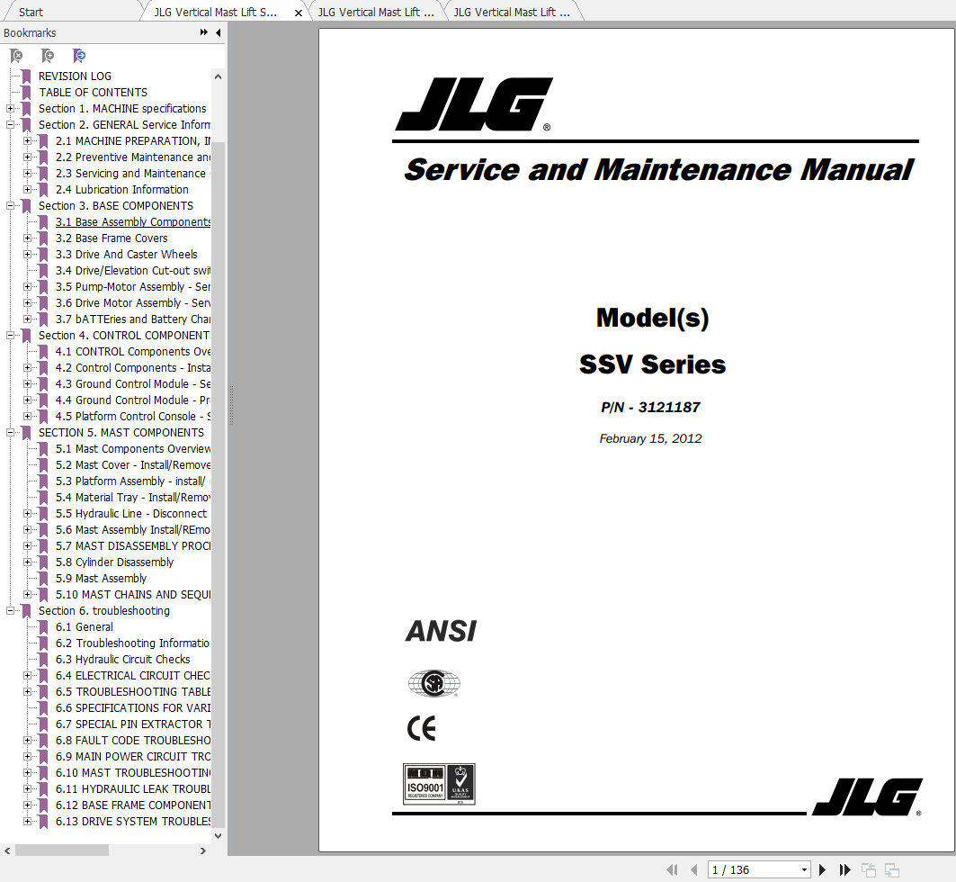 JLG Vertical Mast Lift SSV 10 Operation Service Parts Manuals 1
