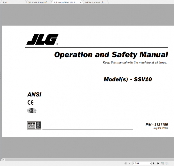 JLG Vertical Mast Lift SSV 10 Operation Service Parts Manuals 2