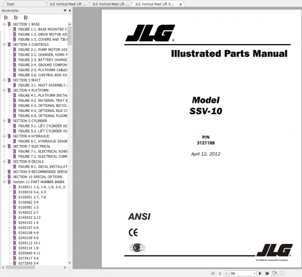 JLG Vertical Mast Lift SSV 10 Operation Service Parts Manuals 3