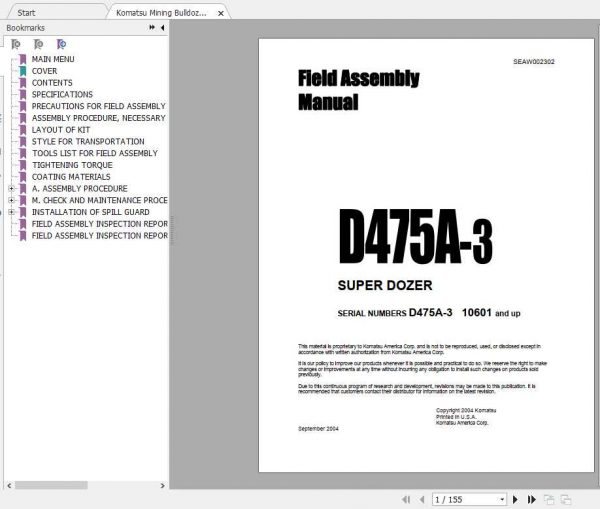 Komatsu Mining Bulldozers D475A 3 Field Assembly ManualSEAWD02302 1