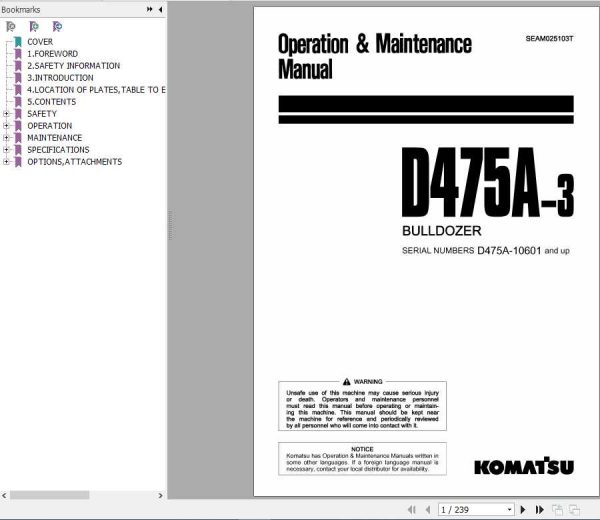 Komatsu Mining Bulldozers D475A 3 Operation and Maintenance ManualSEAM025103T 1