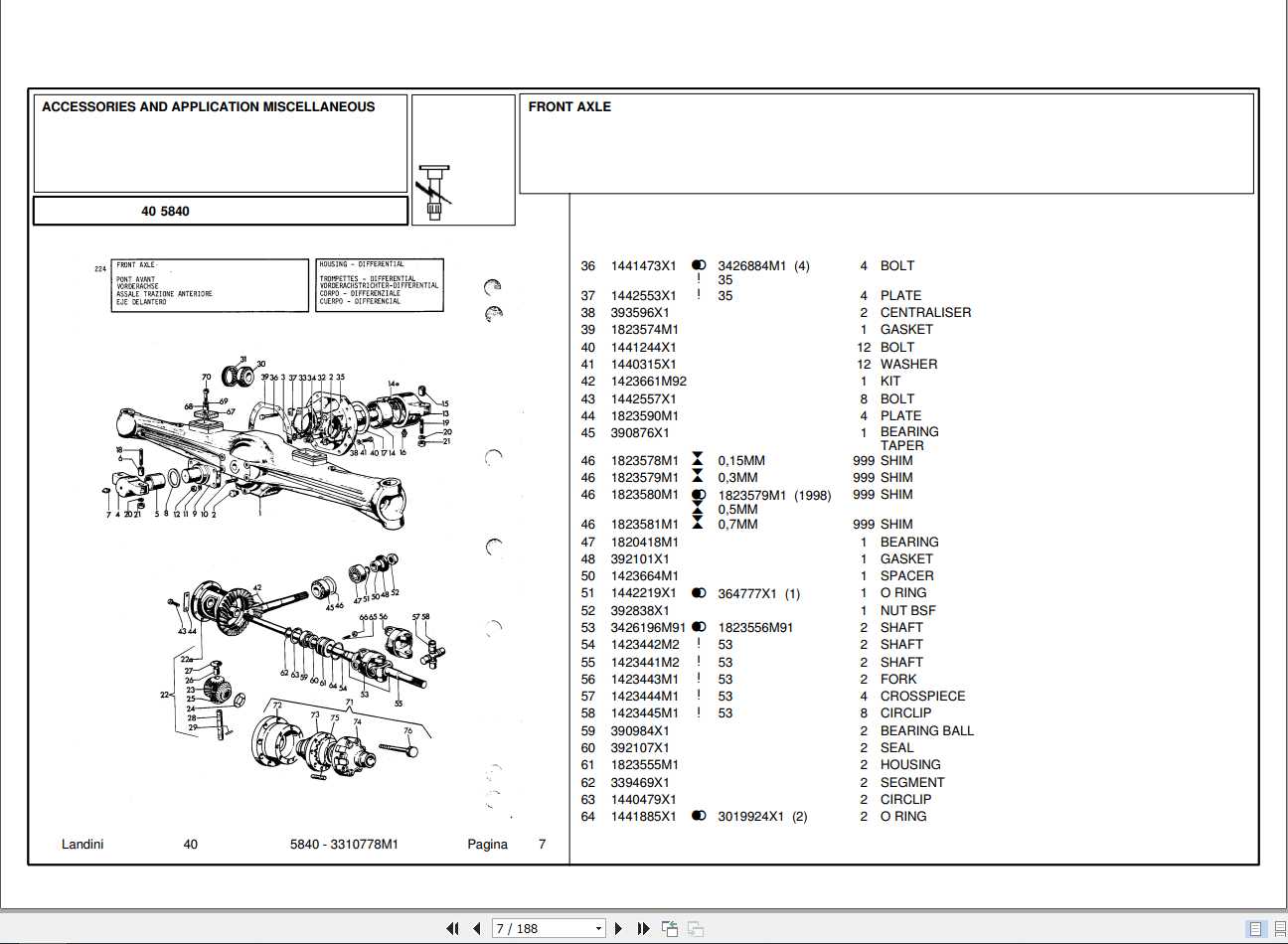 Landini Tractor 5840 Parts Catalog3310778M1 1