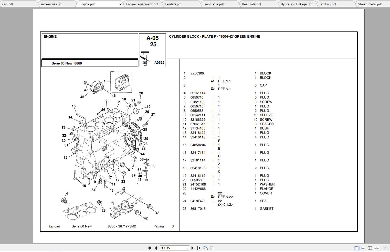 Landini Tractor 8860 New Parts Catalog3671273M2 1