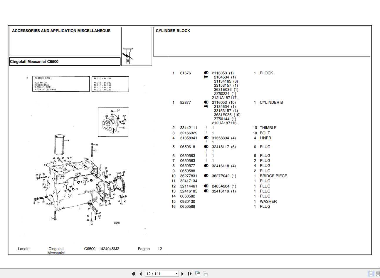 Landini Tractor C6500 Parts Catalog1424045M2 1