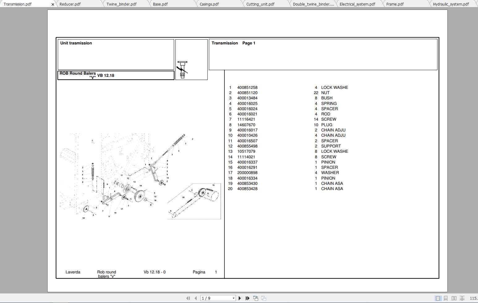 Laverda Baler VB1218 Parts Catalog 1