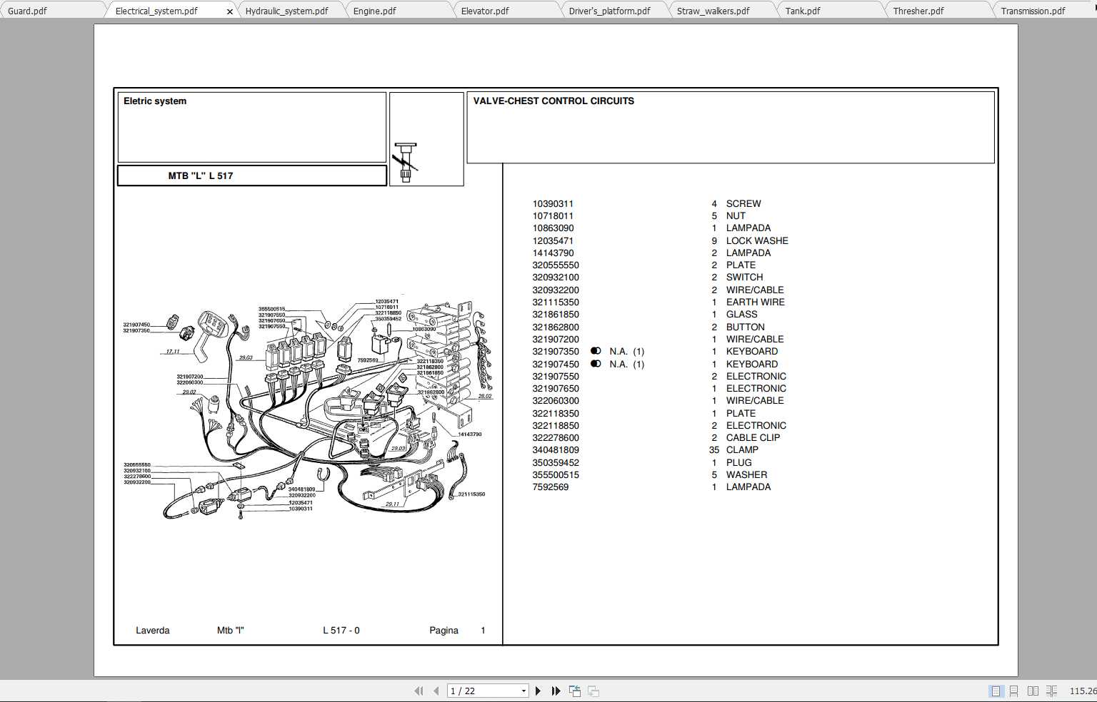 Laverda Combine Harvester L517 Parts Catalog 1