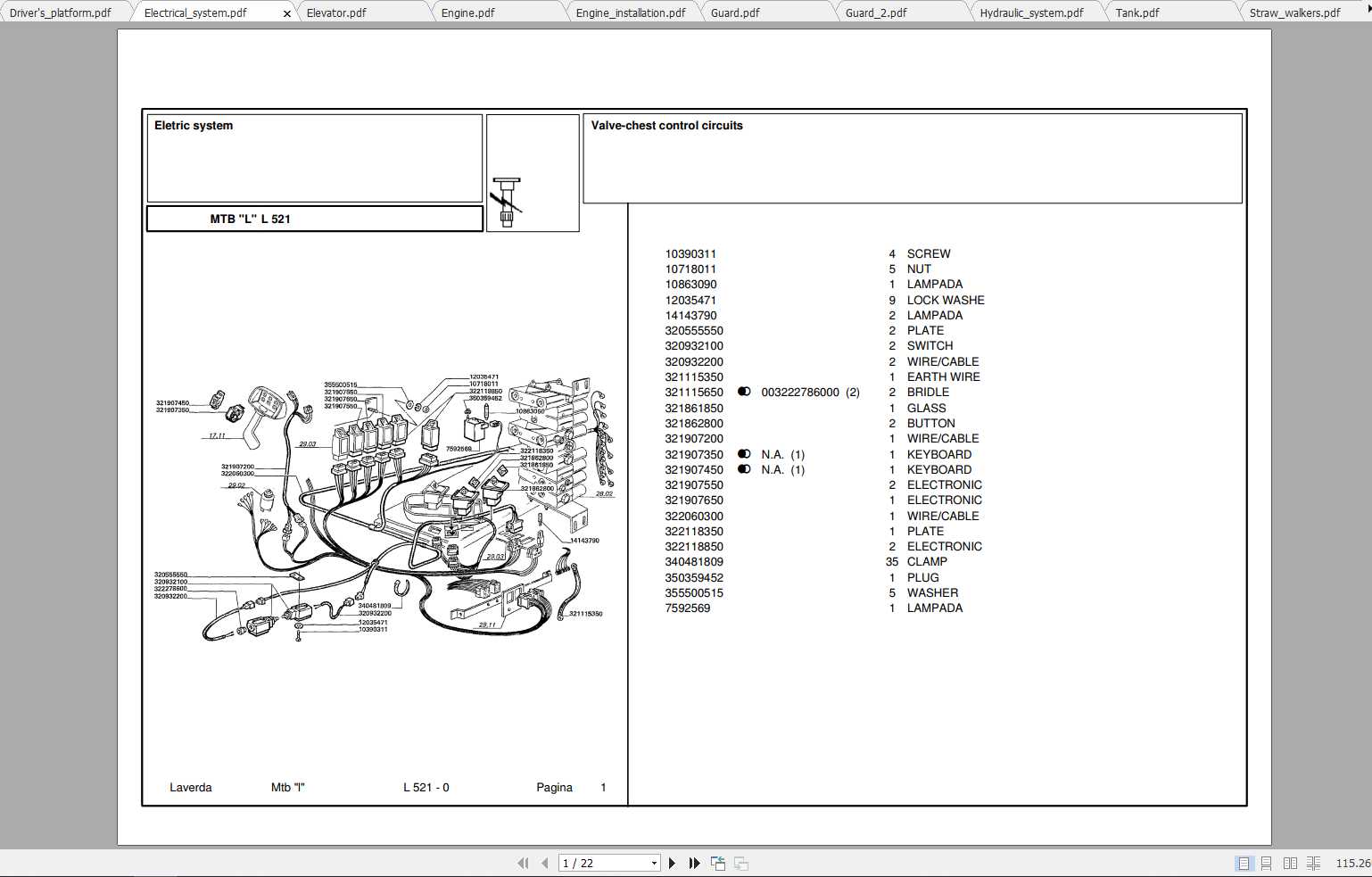 Laverda Combine Harvester L521 Parts Catalog 1