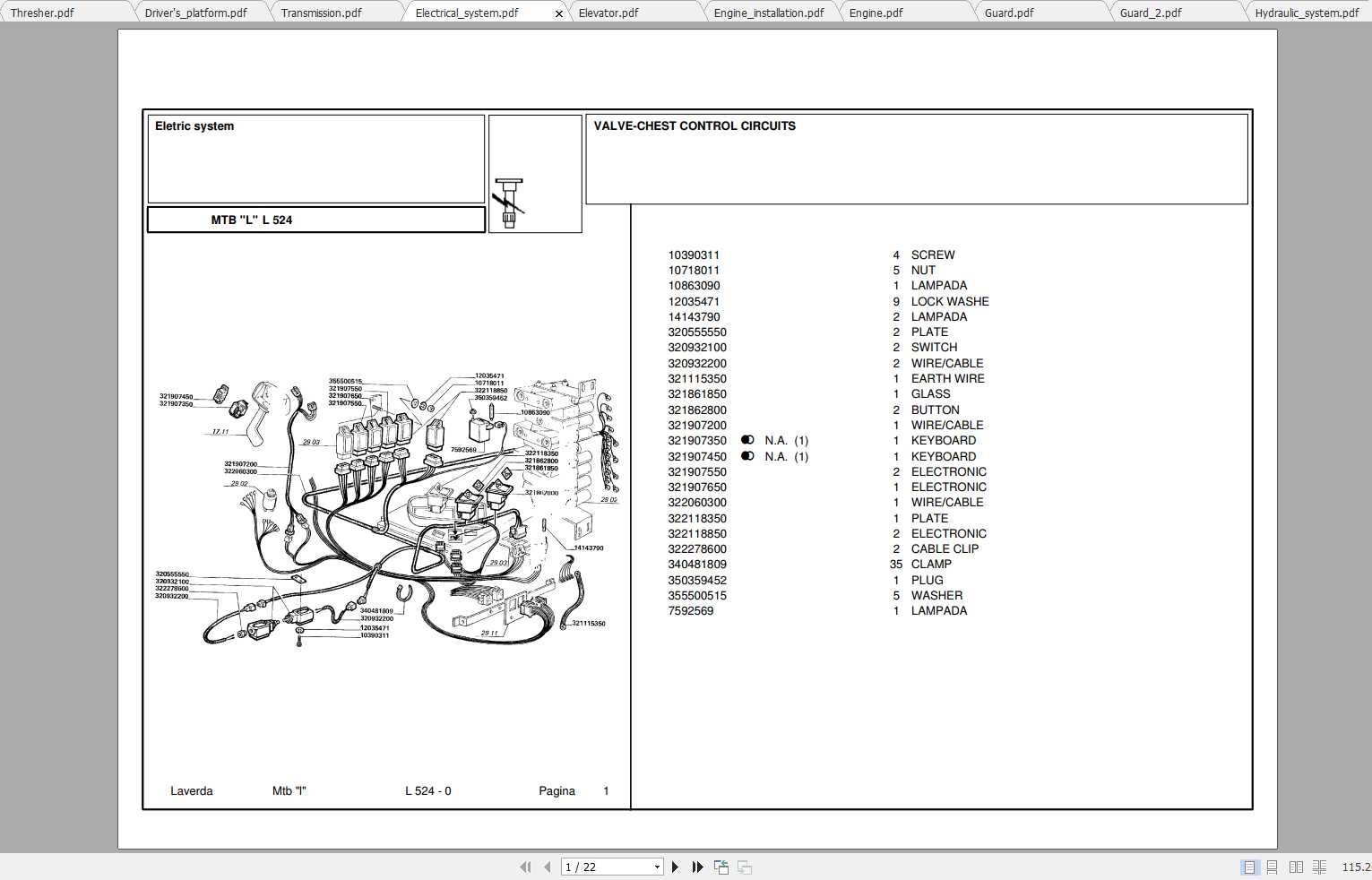 Laverda Combine Harvester L524 Parts Catalog 1