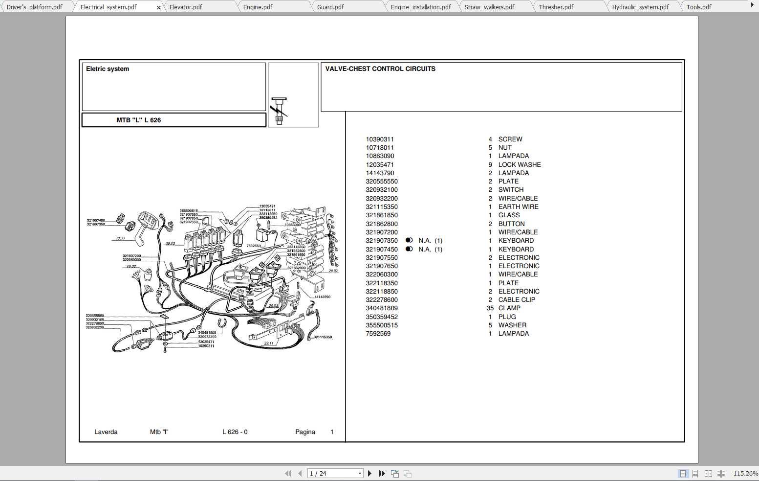 Laverda Combine Harvester L626 Parts Catalog 1