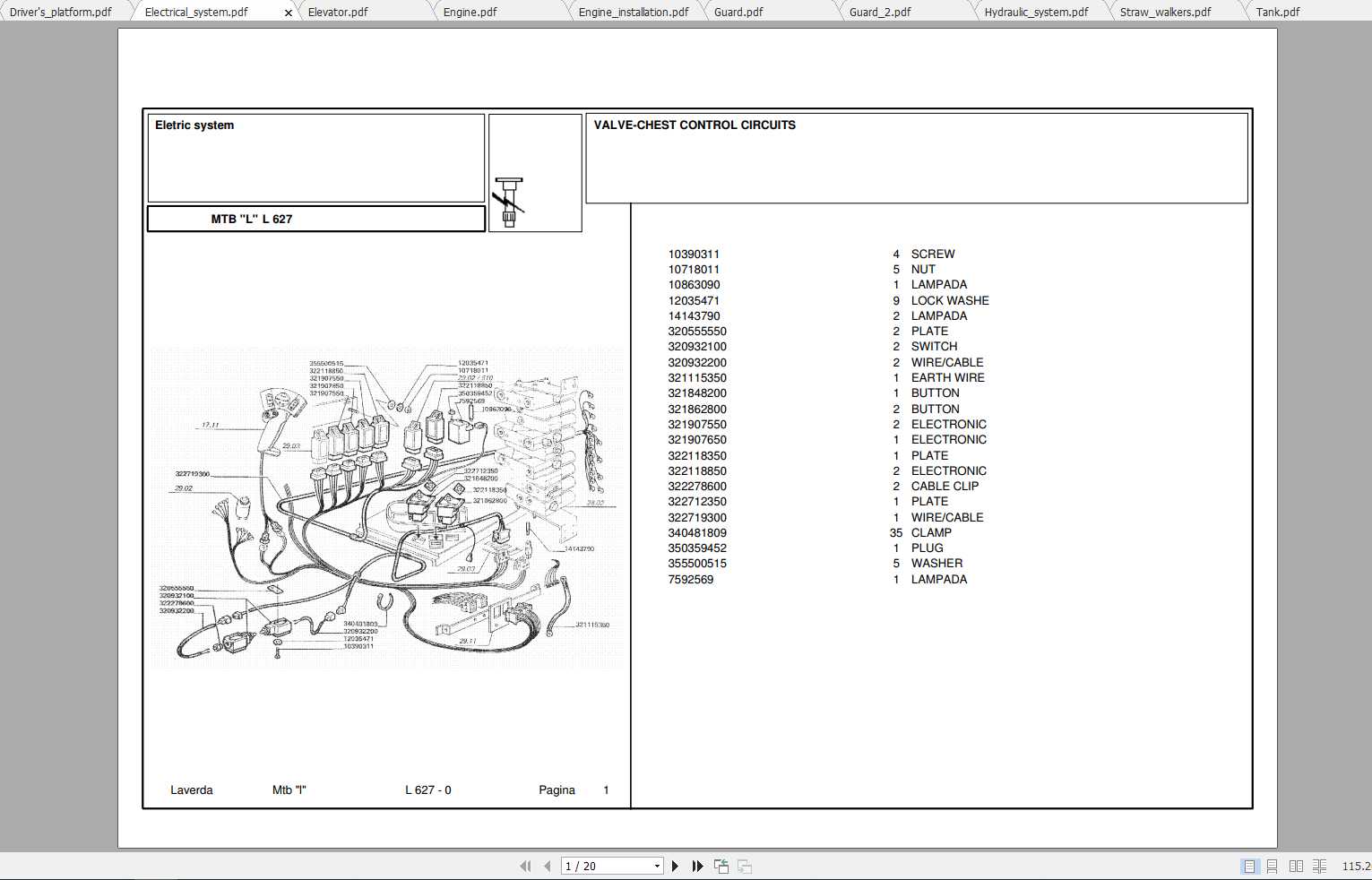 Laverda Combine Harvester L627 Parts Catalog 1