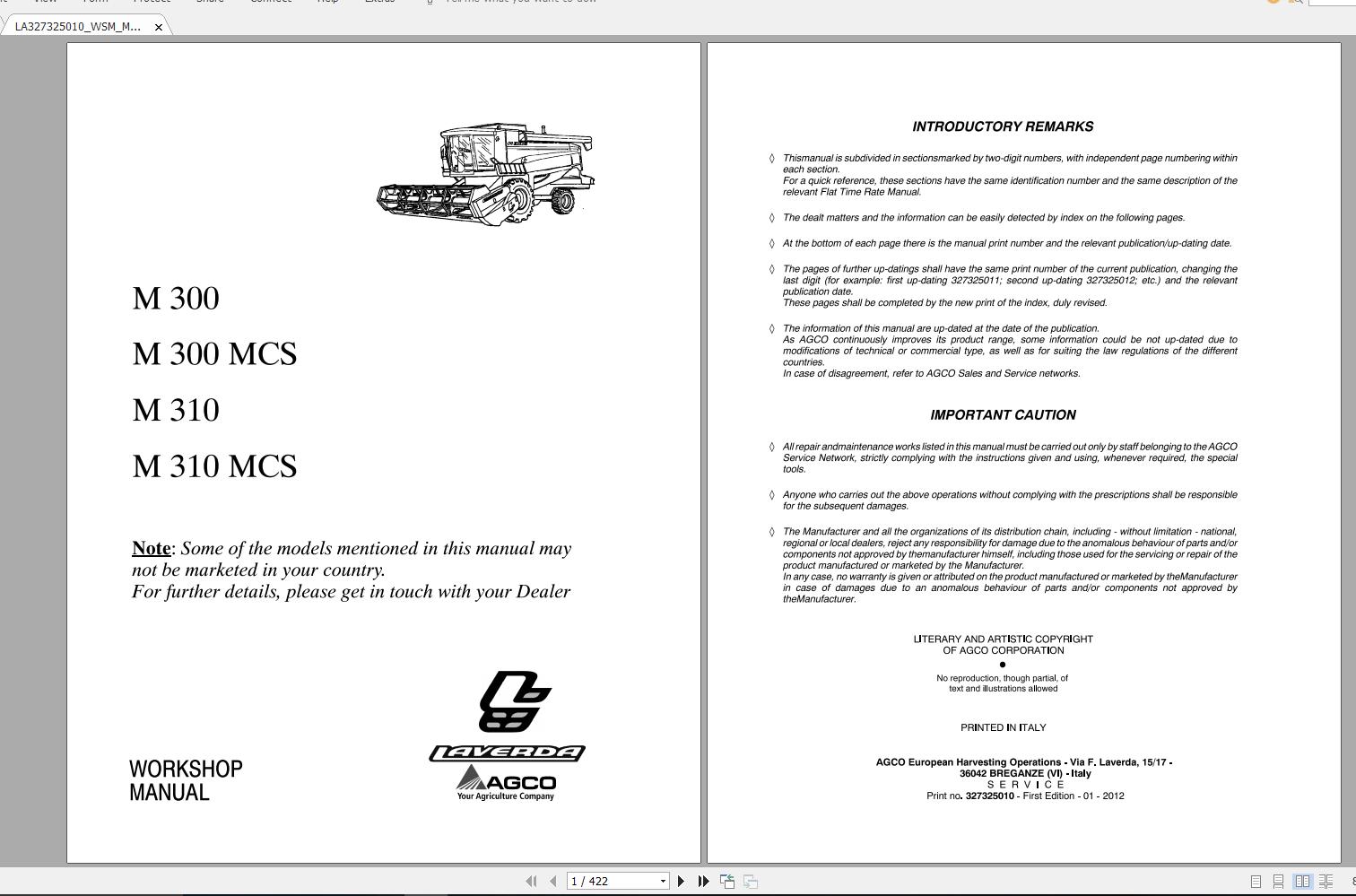Laverda EU M300300 MCS M310310 MCS Combines Workshop Service ManualLA327325010 1